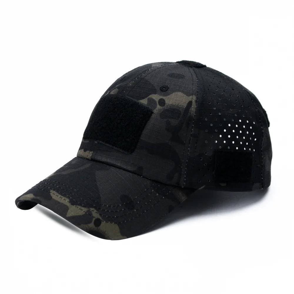 Camo rip-stop performance sporting cap with UV protection and integrated sunglasses slot for outdoor use