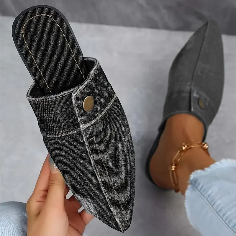 Sofia | Women's Pointed Toe Denim Mule Slip-On Flat Slides