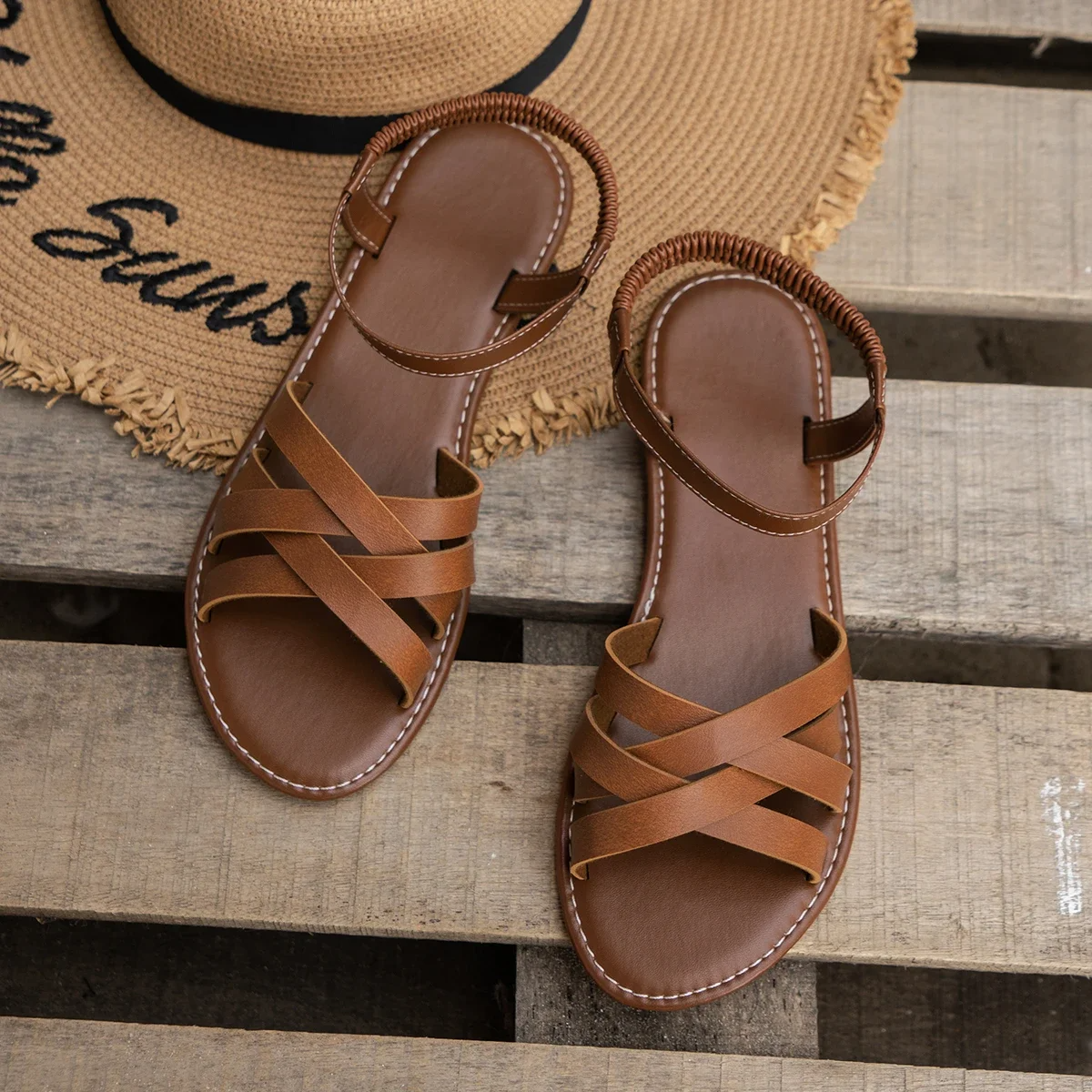 Arabelle boho slip-on sandals tan vegan leather straps cloud-soft footbed effortless summer comfort