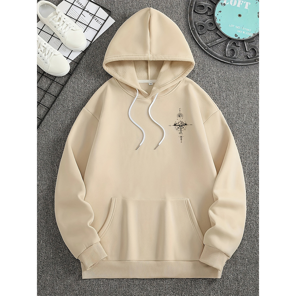 Men's regular fit cotton hoodie with compass print, kangaroo pocket, and drawstring hood