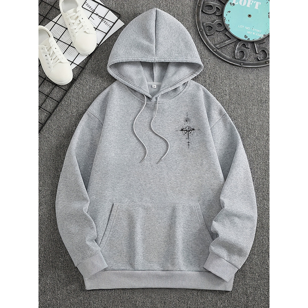 Men's regular fit cotton hoodie with compass print, kangaroo pocket, and drawstring hood