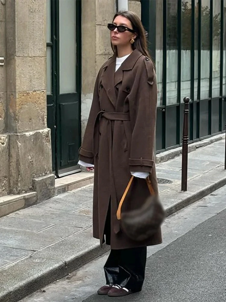 Women's wool blend double-breasted trench coat in elegant full-length cut with belted waist