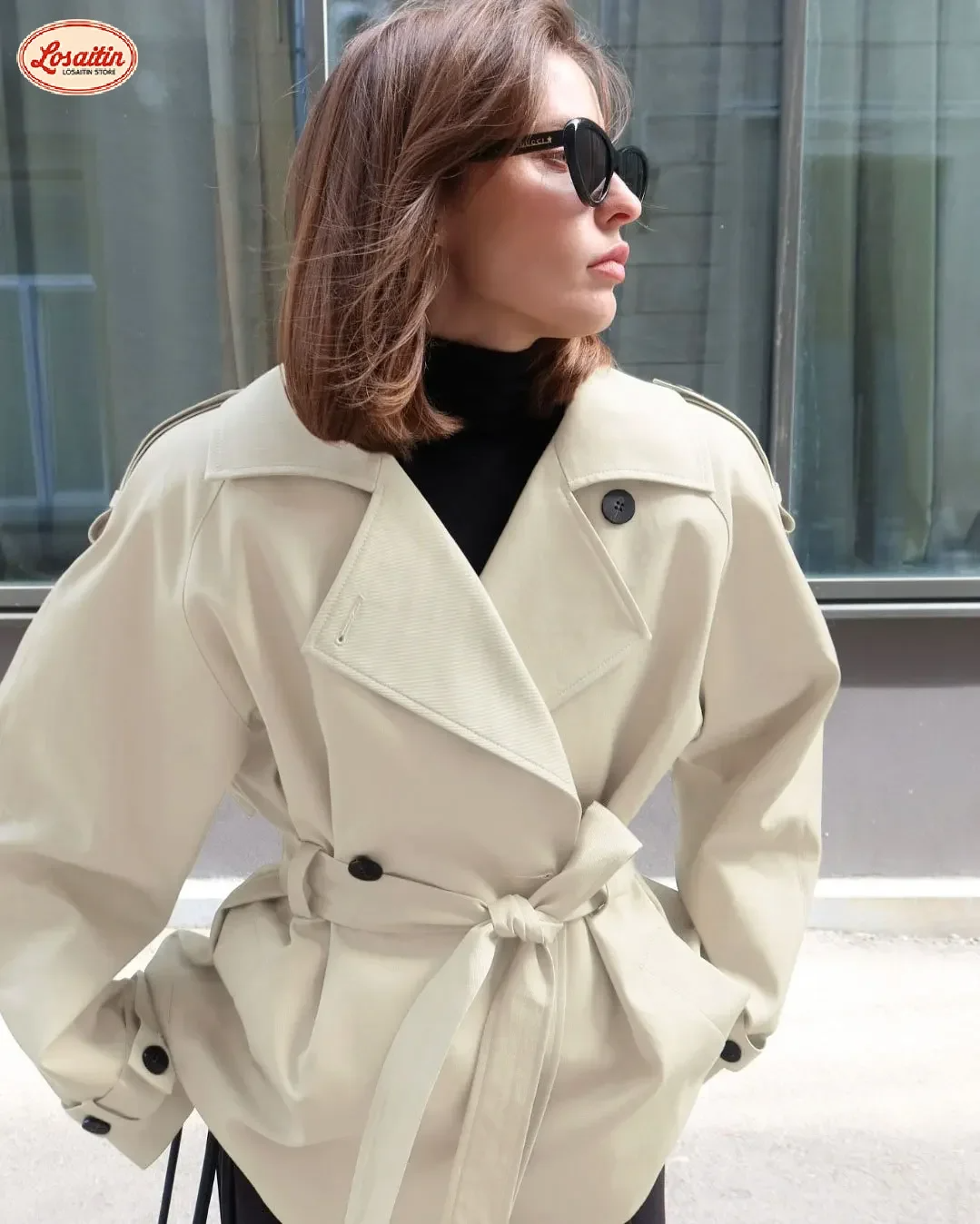 Women's cropped trench coat cotton blend belted waist epaulettes chic layering essential