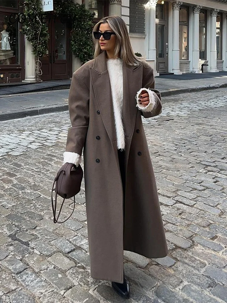 Women's long wool blend coat double-breasted structured shoulders relaxed loose fit elegant overcoat