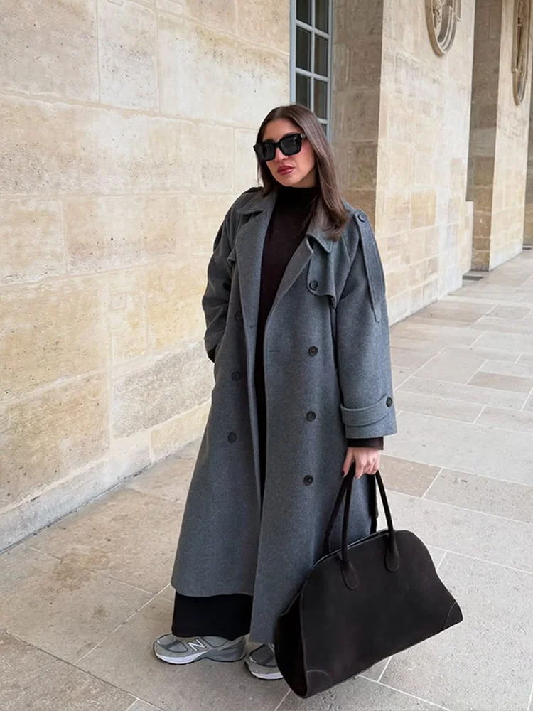 Women's long wool blend coat double-breasted structured shoulders relaxed loose fit autumn winter