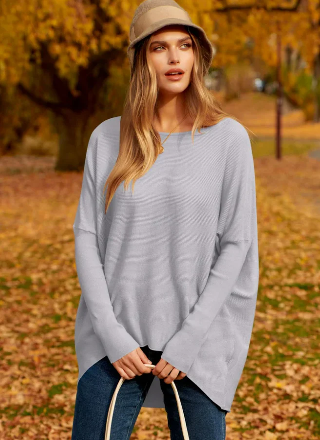 Women's oversized soft knit wool blend hip-length pullover sweater in relaxed fit long sleeve silhouette