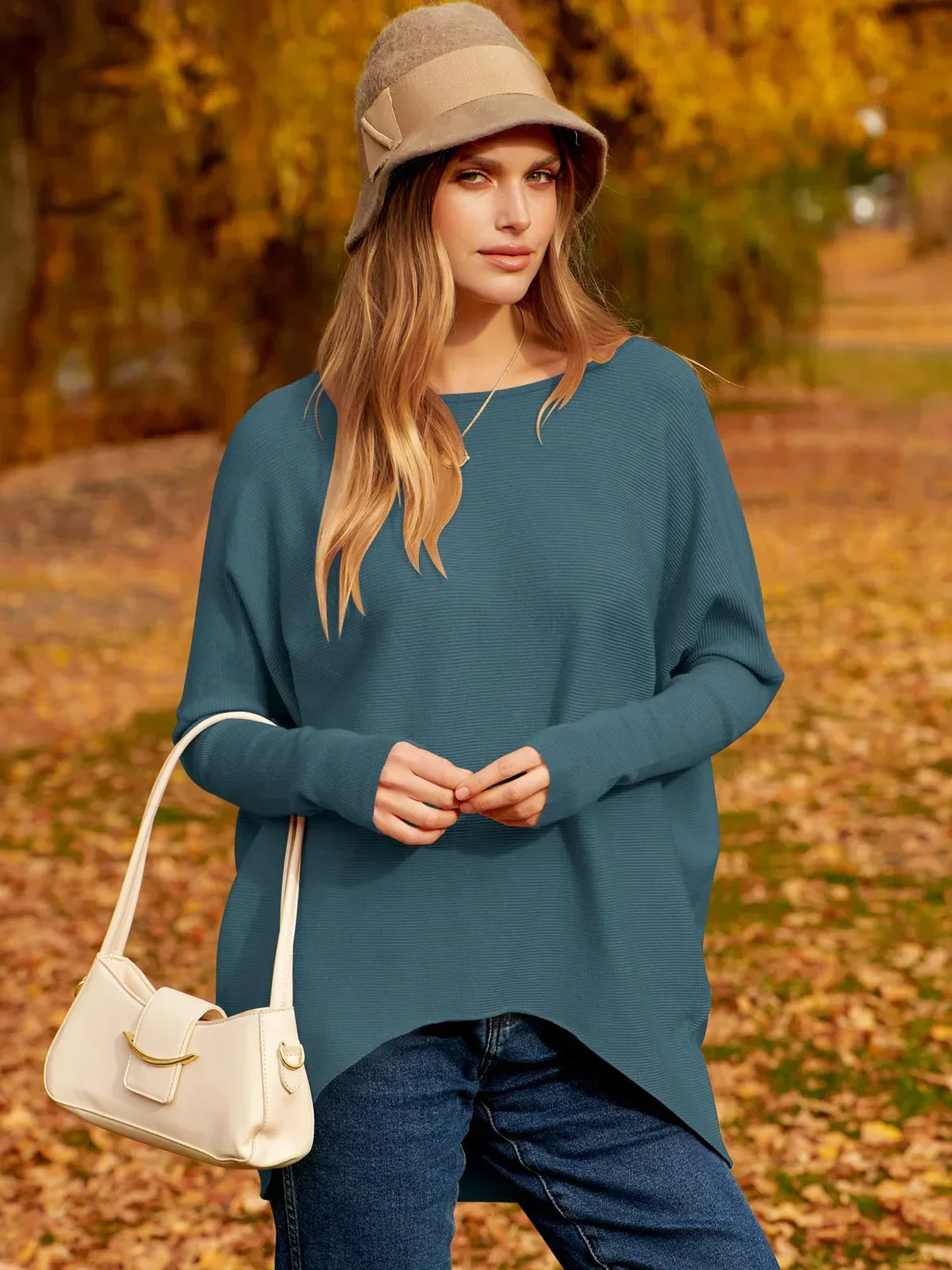 Women's oversized soft knit wool blend hip-length pullover sweater with long sleeves in relaxed fit