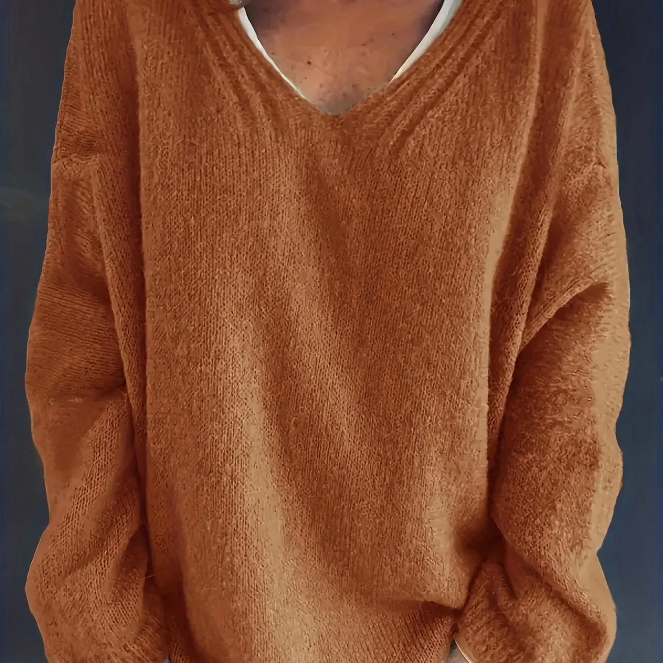 Women's relaxed fit V-neck sweater soft knit ribbed trim long sleeve casual pullover