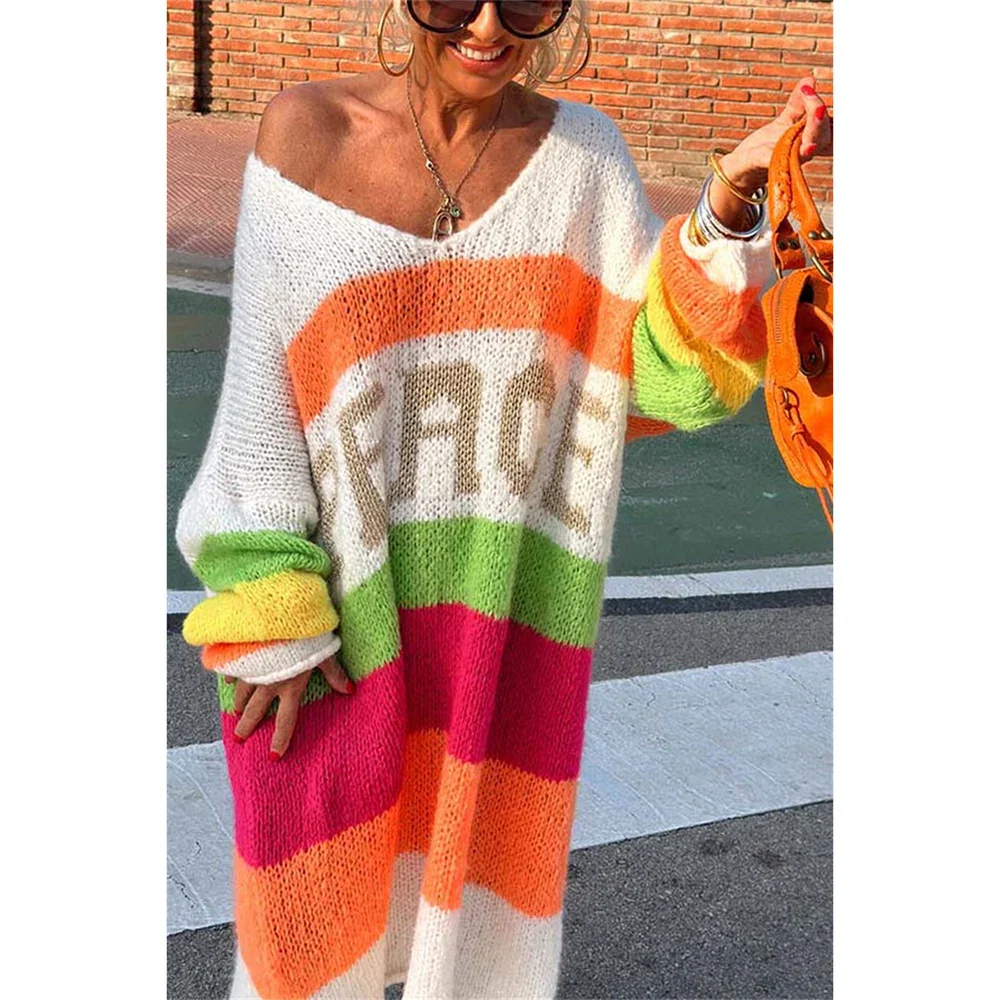 Women's oversized wool knit off-shoulder sweater long length cozy chic in neutral tone