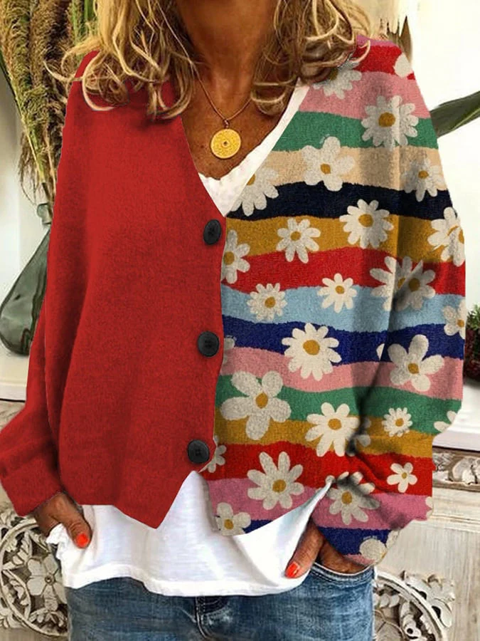 Relaxed fit women's knit cardigan with patchwork floral detail and button front in boho style