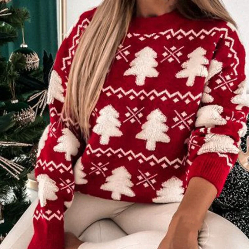 Women's wool knit sweater relaxed fit with pine tree pattern and ribbed trim cozy seasonal style