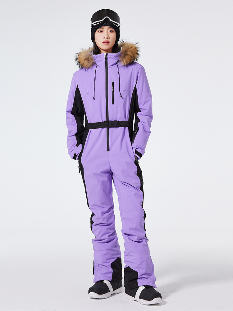Women's slim-fit one-piece ski suit windproof waterproof hooded with belted waist for slopes