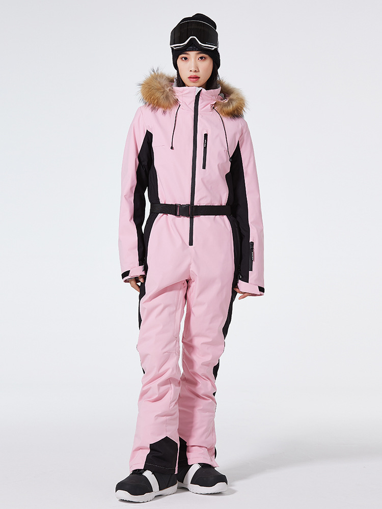 Women's slim fit one-piece ski suit windproof waterproof hooded belted winter snowsuit