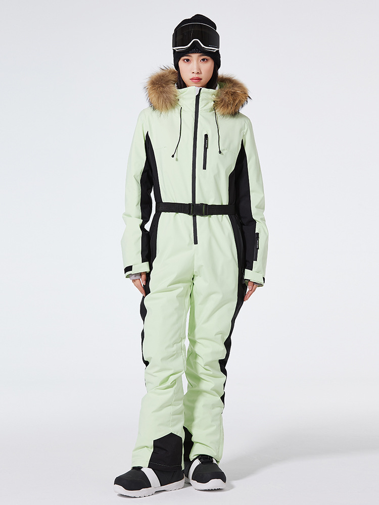 Women's one-piece ski suit slim fit hooded belted windproof waterproof winter snow jumpsuit