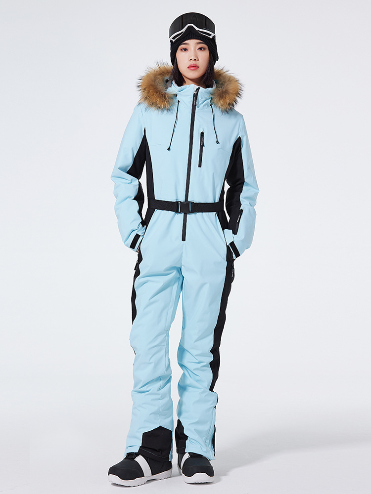 Women's slim fit one-piece ski suit windproof waterproof hooded belted snowsuit for skiing