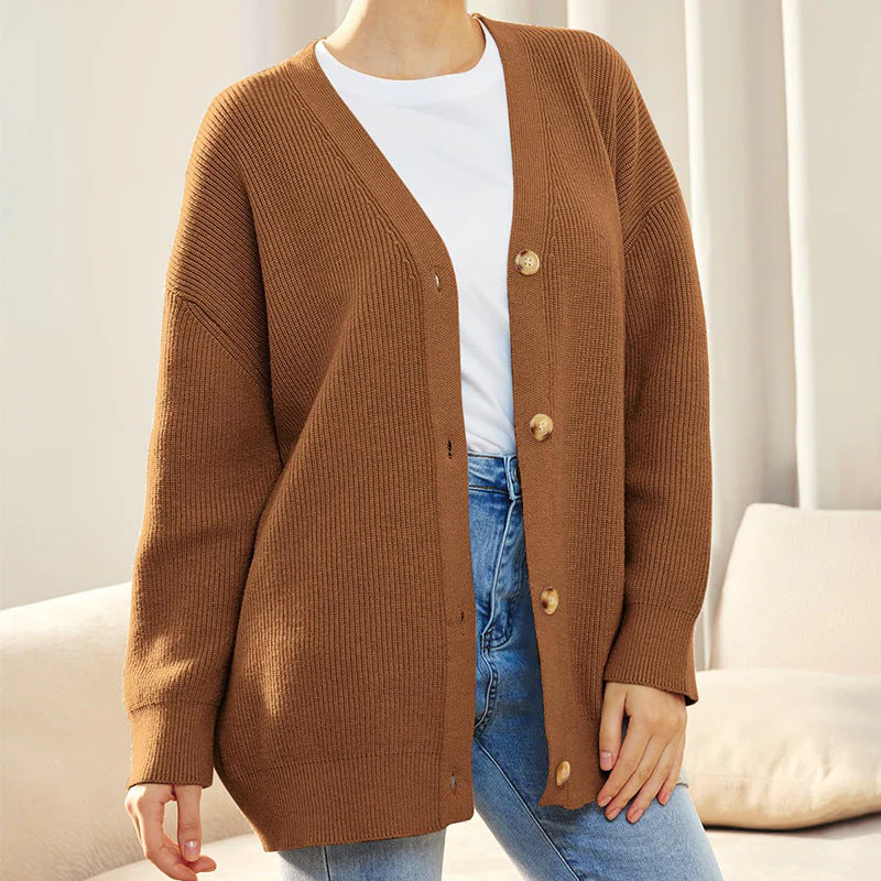 Women's chunky knit V-neck cardigan in neutral tone, button-front relaxed fit hip-length layering piece