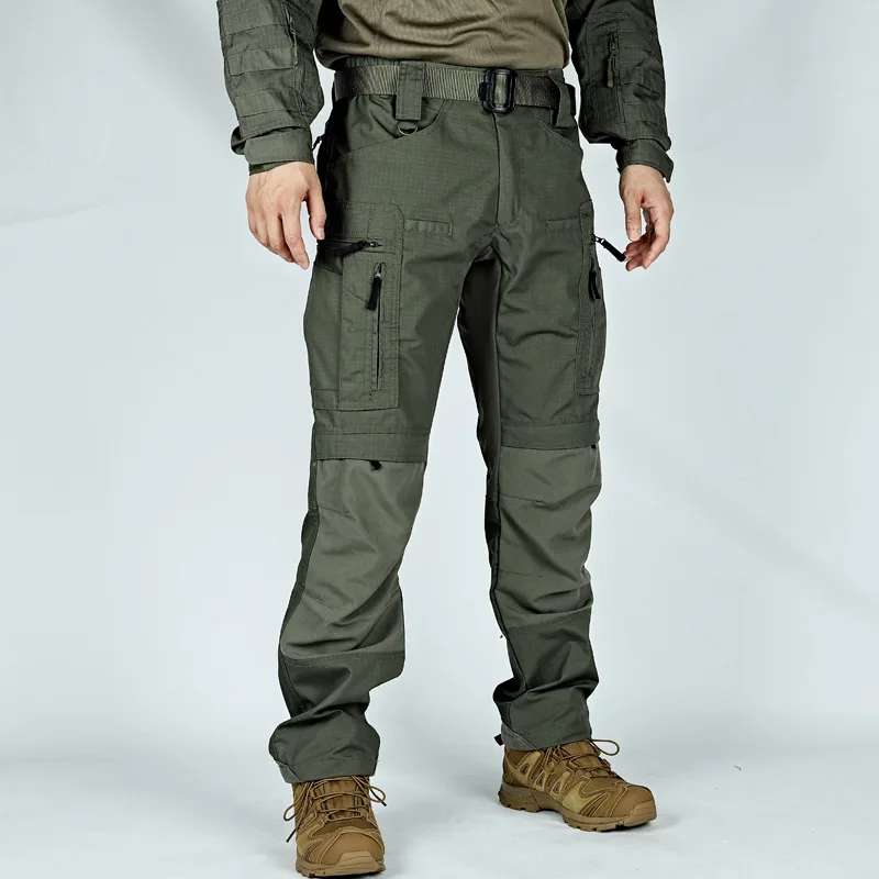 Men's slim straight cargo pants in ripstop fabric with reinforced knees and multi-pocket utility design