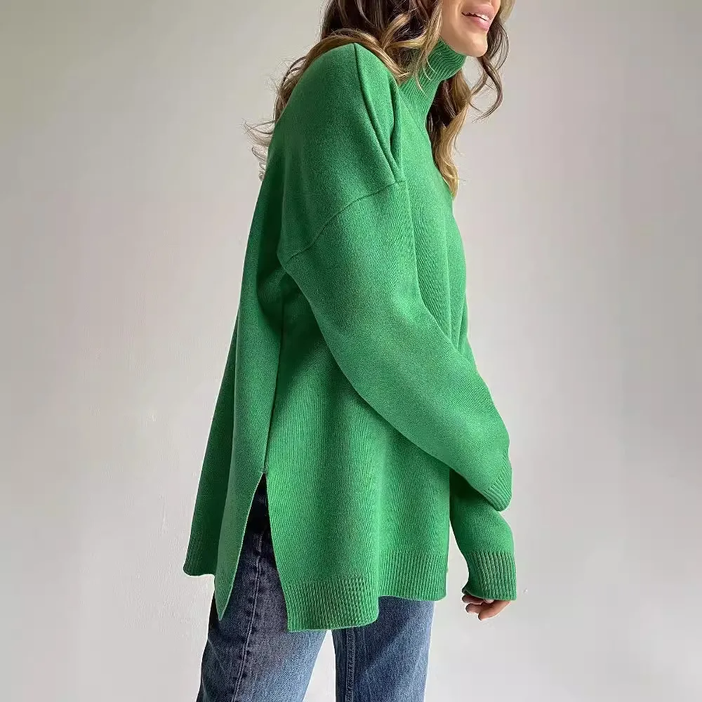 Women's fine gauge knit turtleneck sweater oversized fit tunic length with ribbed cuffs