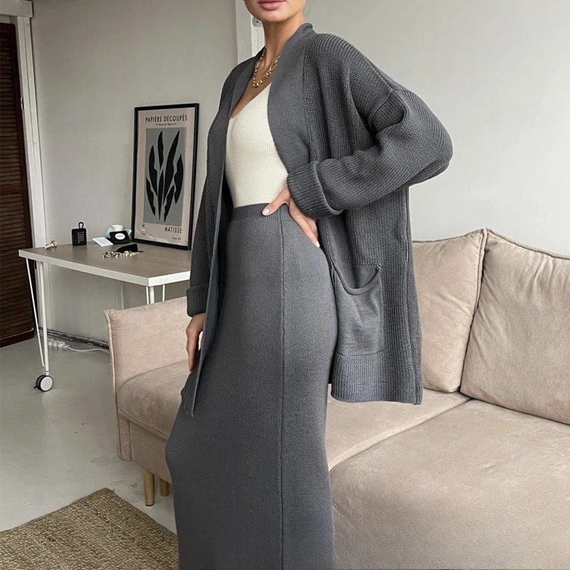 Women's knit two-piece set oversized cardigan high waist midi skirt elegant smart casual outfit
