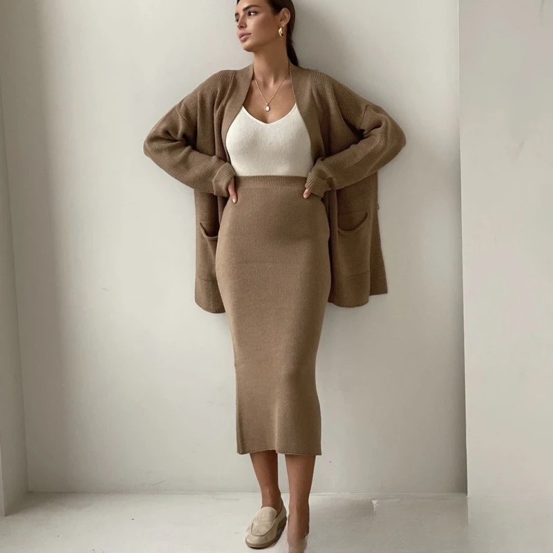 Women's knit two-piece set oversized cardigan high waist midi skirt elegant smart casual outfit