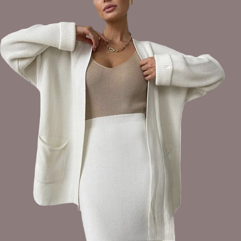 Women's knit two-piece set oversized cardigan high waist midi skirt elegant smart casual outfit