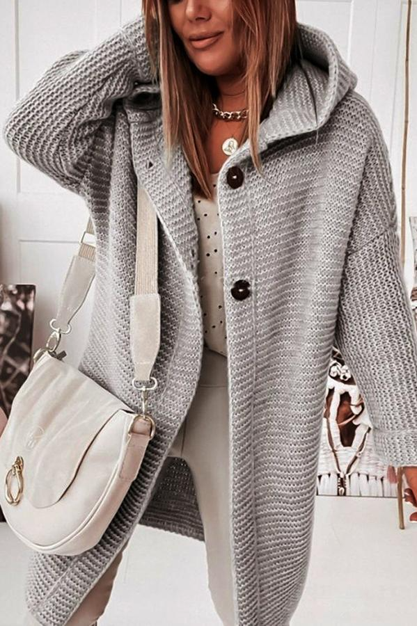 Women's knit hooded longline cardigan relaxed fit button front versatile layering casual fall style