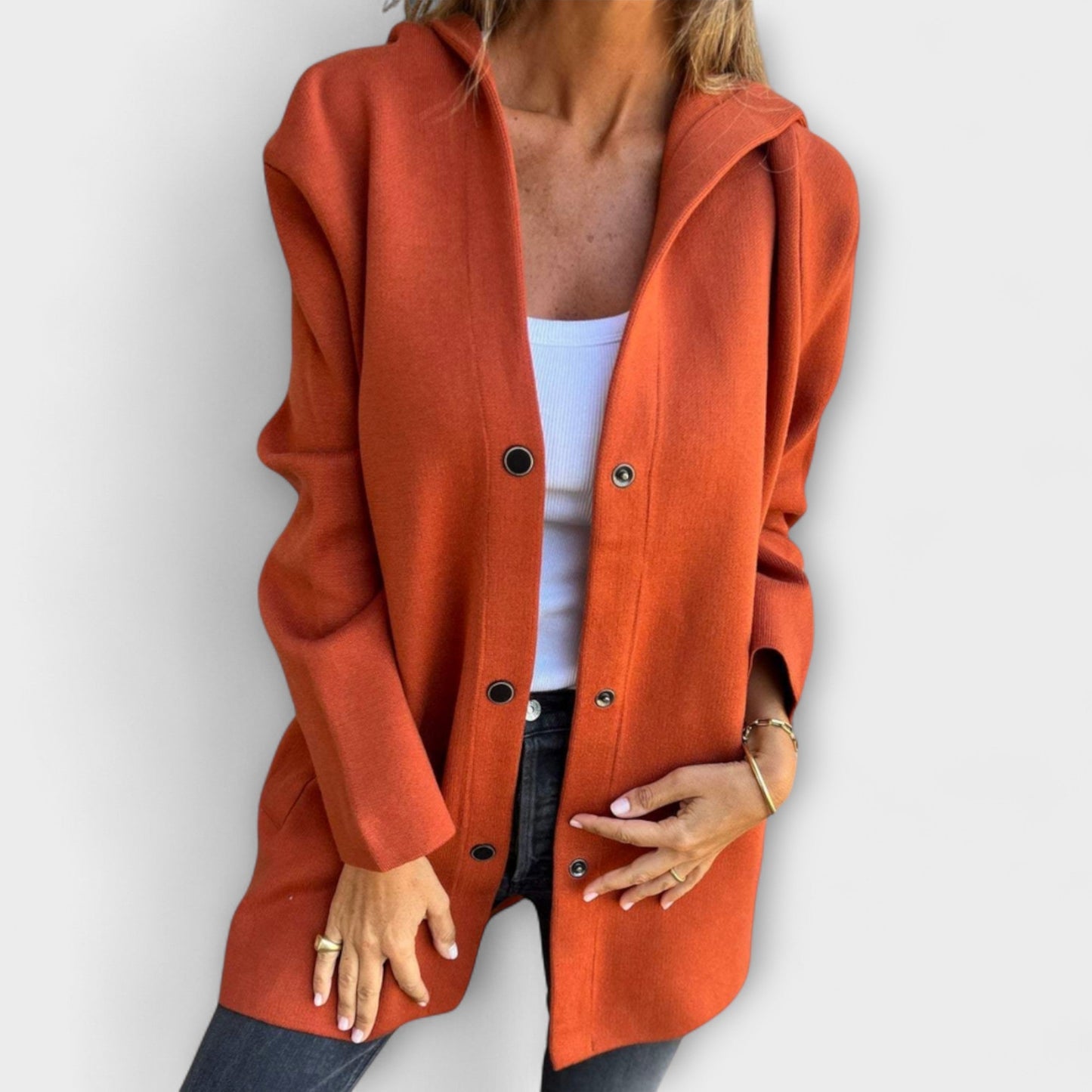 Kimberly women's button-front long coat tailored silhouette casual everyday elegance