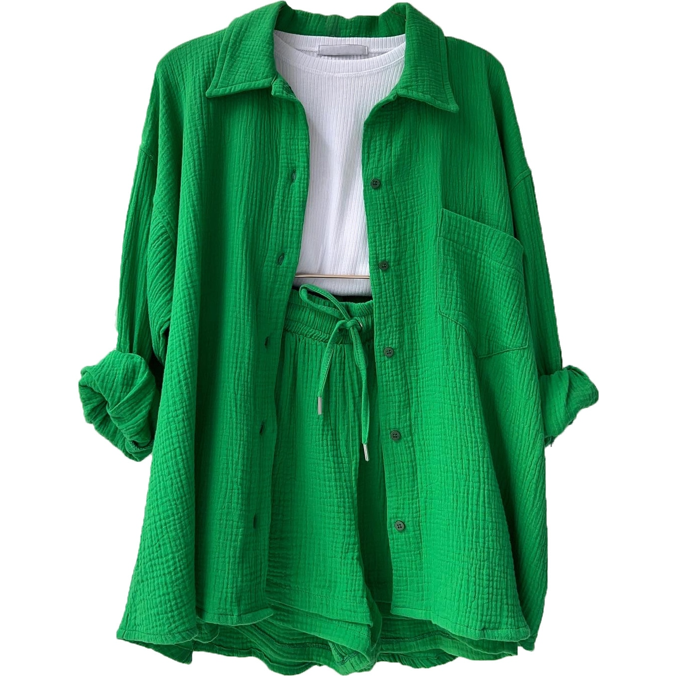 Women's lightweight cotton button-up shirt and shorts set with elastic waist, relaxed fit