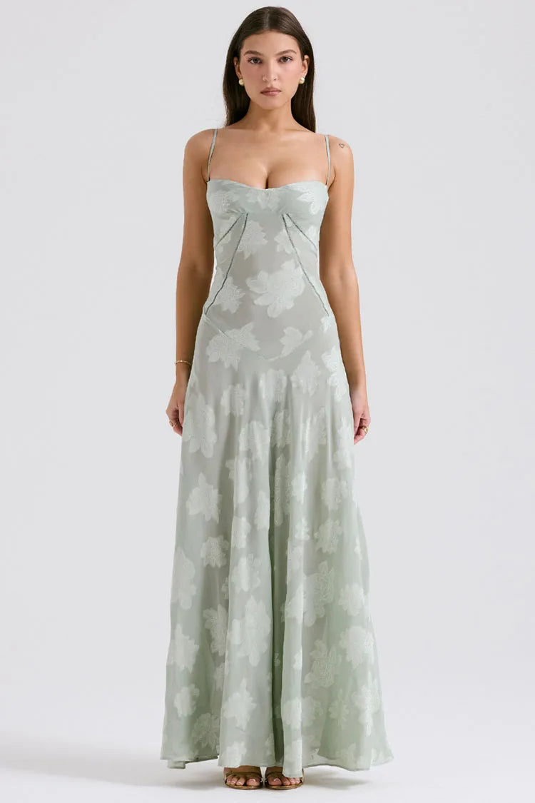 Women's elegant maxi evening dress flowing silhouette adjustable thin straps formal occasion