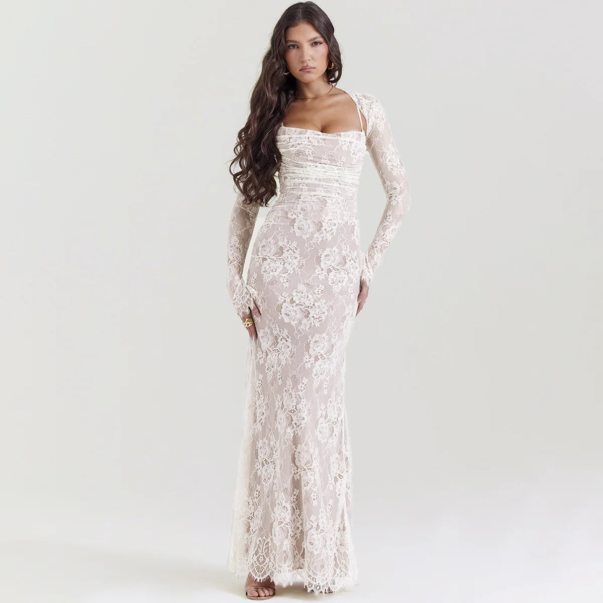 Elegant women's black lace maxi evening dress with sheer sleeves and ruched bodice inner lining