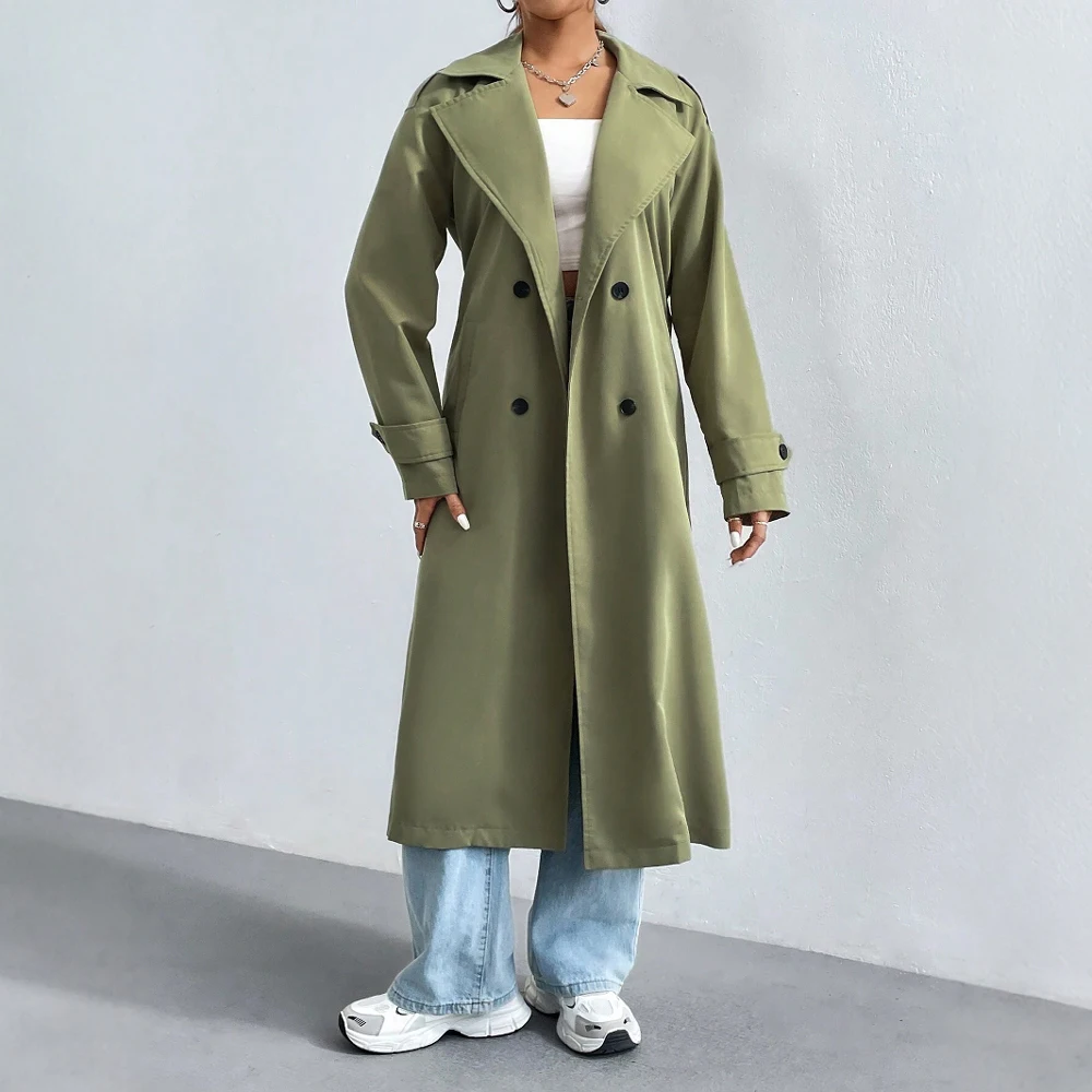 Women's full-length double-breasted trench coat classic lapel collar breathable cotton blend regular fit