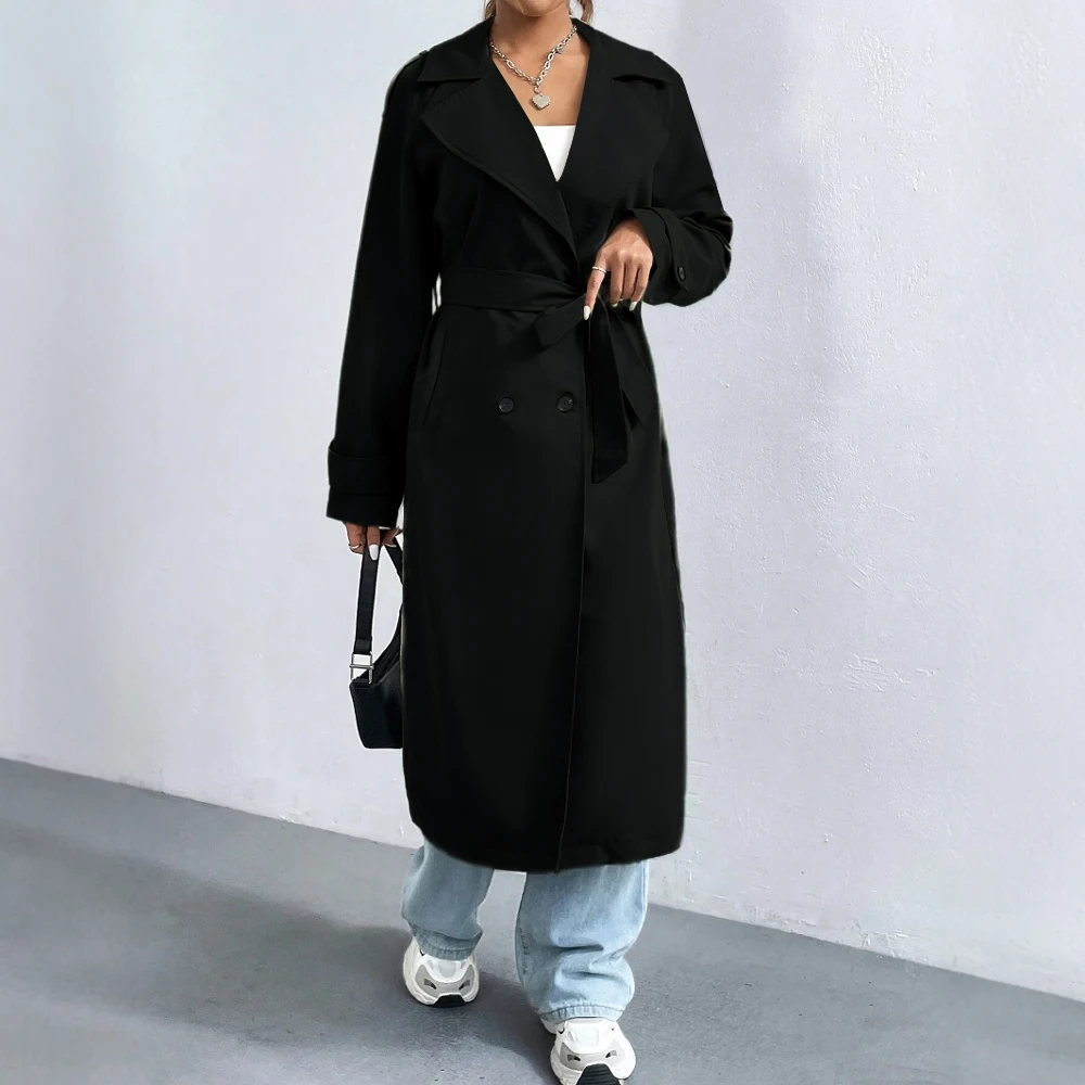 Women's full-length double-breasted trench coat classic lapel collar breathable cotton blend regular fit