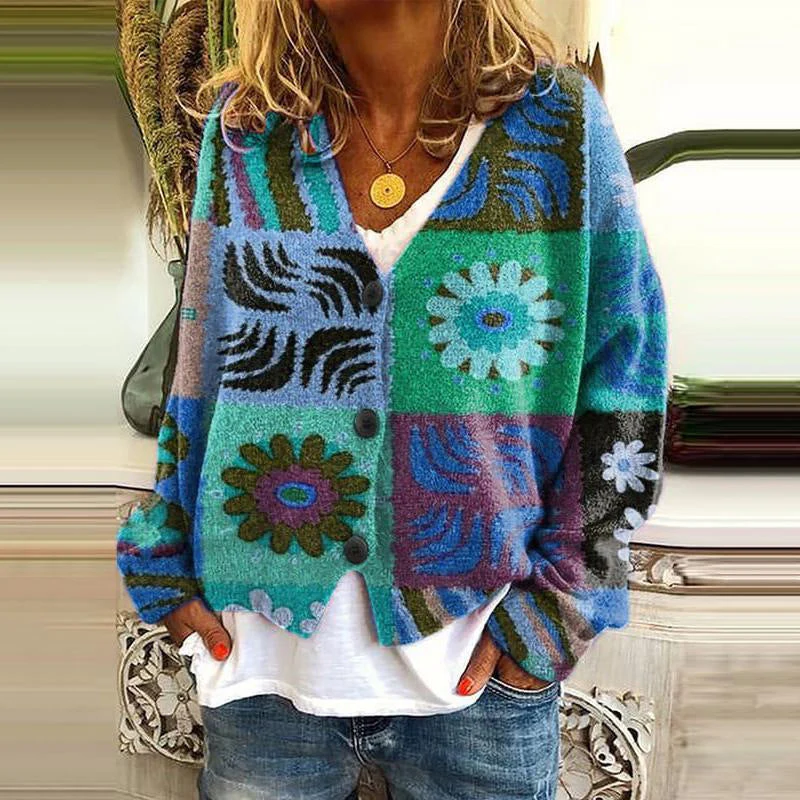 Relaxed fit women's knit cardigan with patchwork floral detail and button front for boho layering