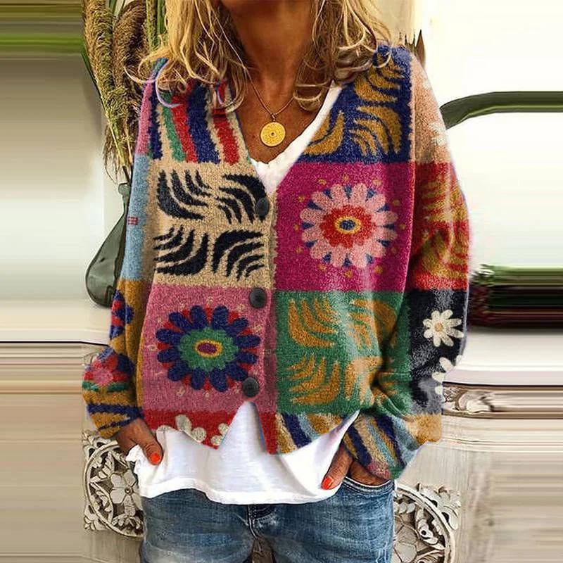 Women's relaxed-fit knit cardigan with patchwork floral detail and button front for boho layering