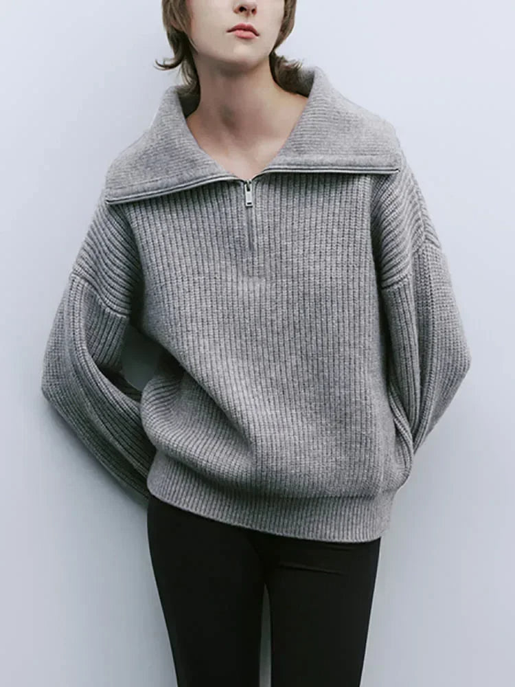 Women's half-zip knit sweater draped fit wide collar soft cozy elegant everyday sophistication