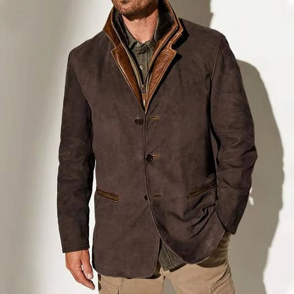 Men's olive brown suede blazer tailored coat with leather trim and fur collar for office wear