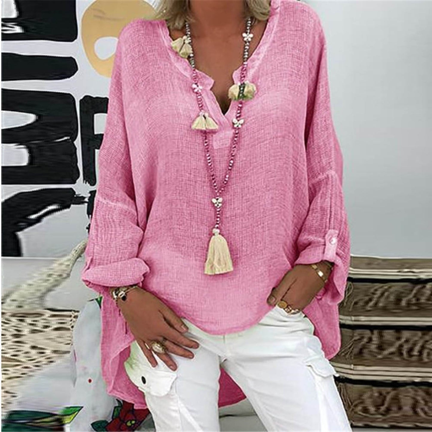 Women's relaxed linen blouse Natalia in neutral tone, lightweight breathable fabric with timeless elegant fit