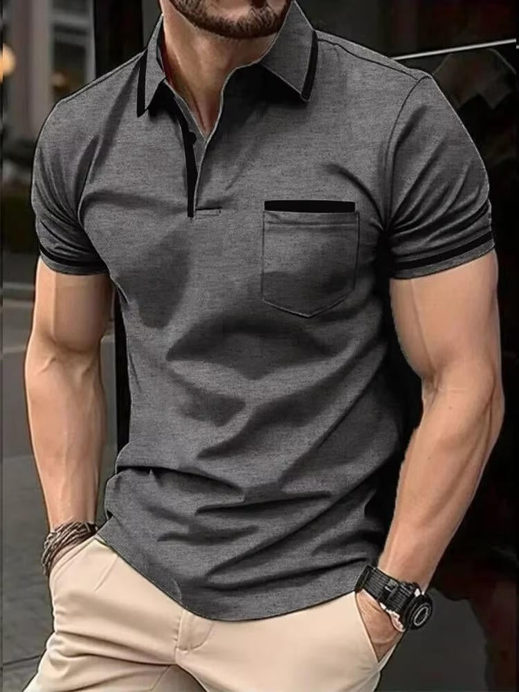 Men's short sleeve polo shirt chest pocket classic fit breathable cotton blend casual urban style