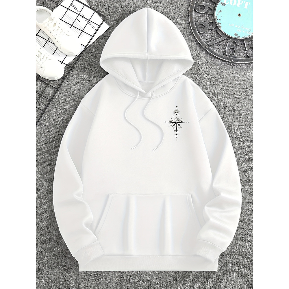 Men's regular fit cotton hoodie with compass print, kangaroo pocket, and drawstring hood