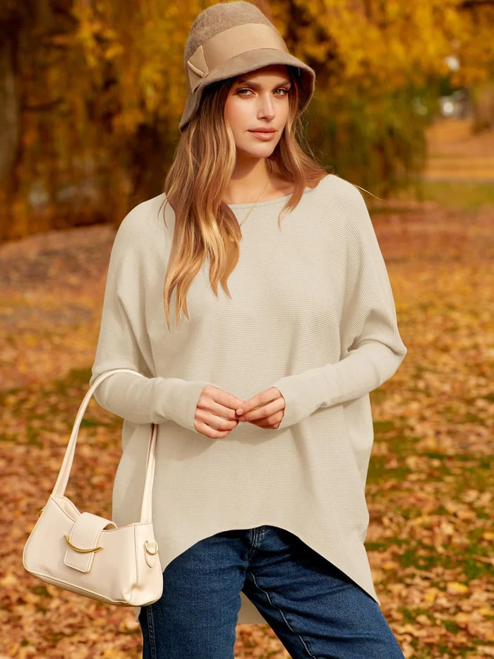 Women's oversized soft knit wool blend hip-length pullover sweater in relaxed long sleeve silhouette