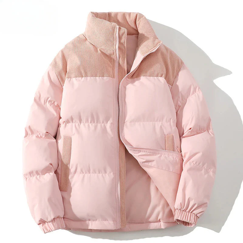 Men's hip-length quilted puffer jacket with corduroy yoke panel in classic cold-weather style