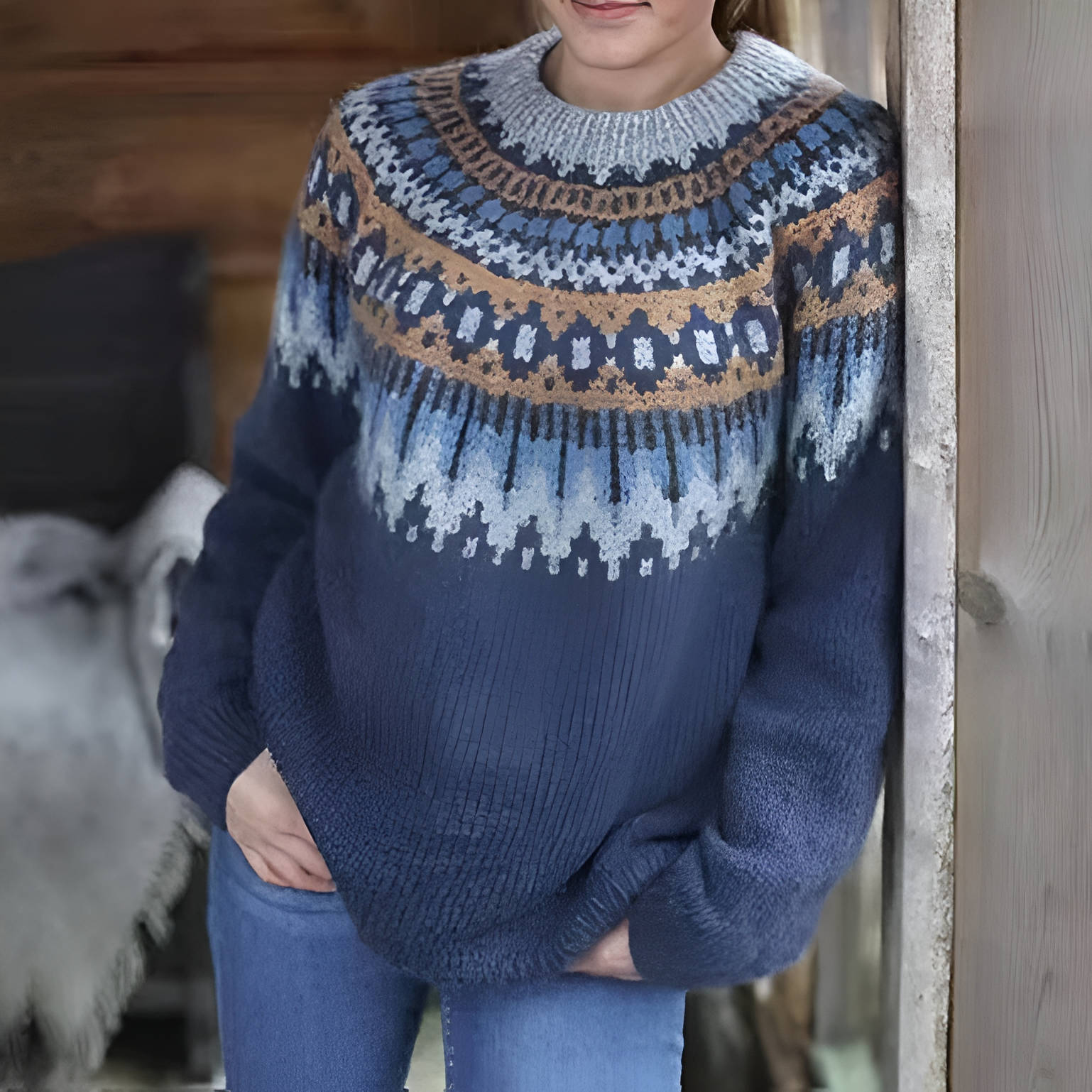 Women's cozy Fair Isle sweater with multicolor geometric knit pattern, relaxed fit for everyday wear
