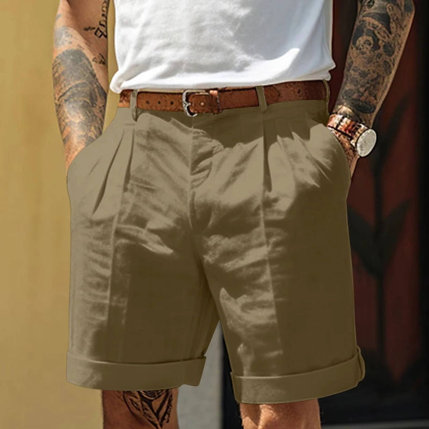 Men's white pleated cotton-linen blend shorts with cuffed hem, lightweight casual everyday style