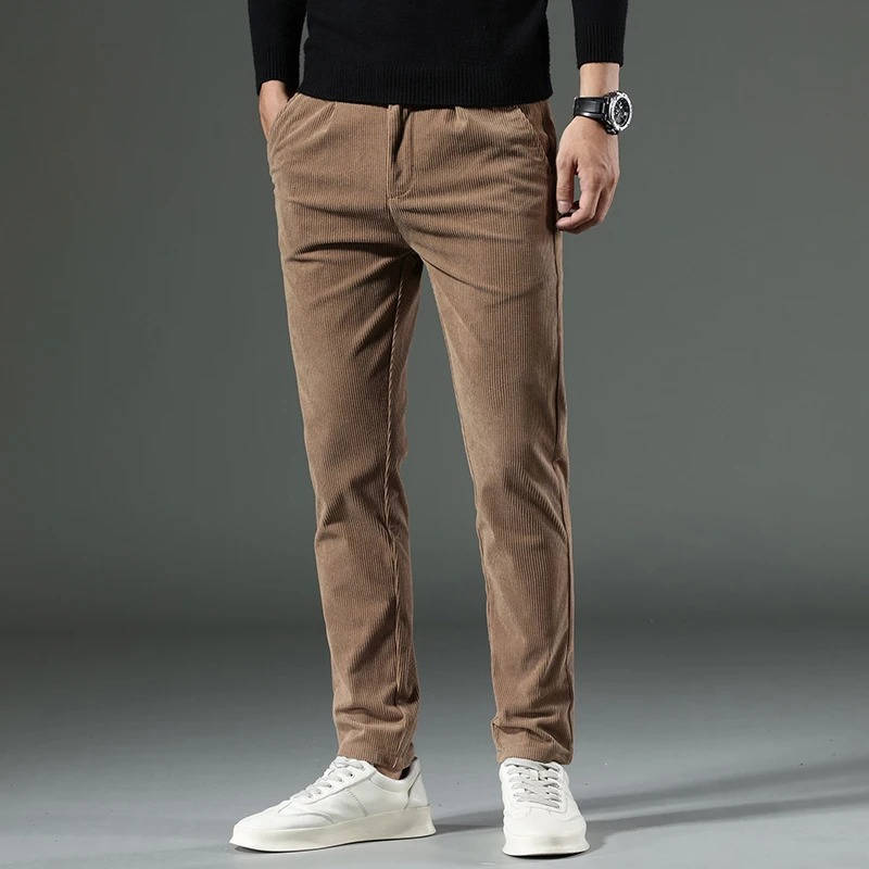 Grey slim fit men's corduroy pants with tailored seat and thighs for work and weekend wear