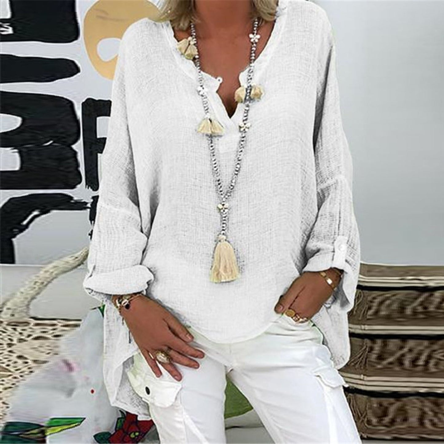 Women's relaxed linen blouse Natalia in neutral tone, lightweight breathable fabric elegant everyday fit
