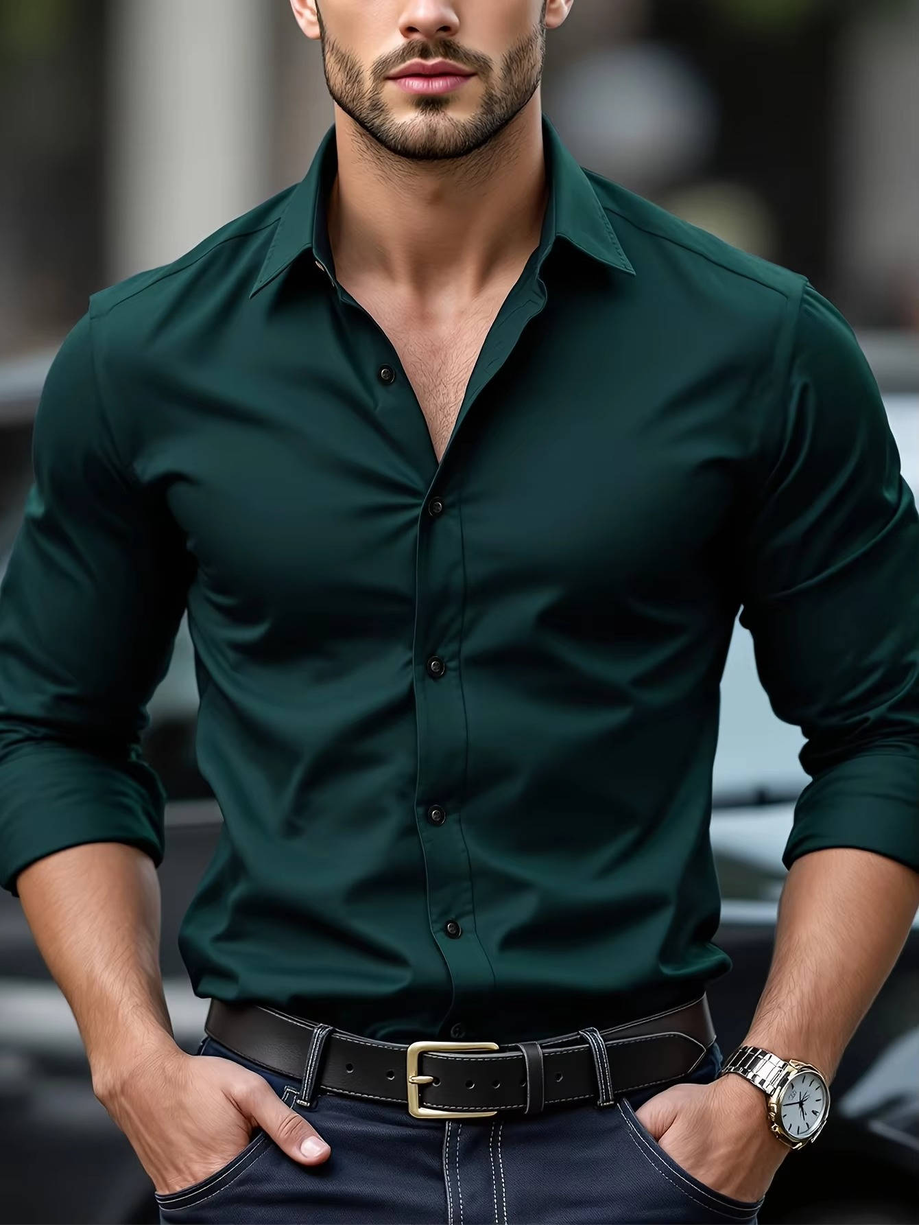 TrendAura men's slim fit button-down shirt navy stretch fabric cuffed long sleeve office casual
