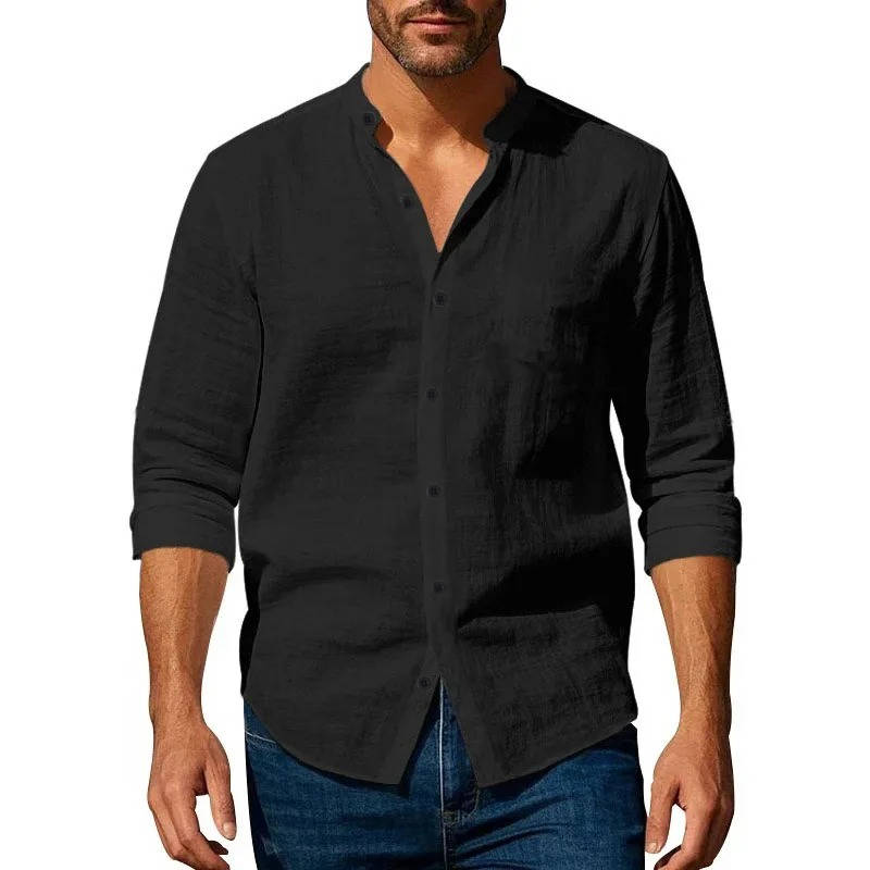 Men's beige linen-cotton blend long sleeve button-up shirt with Henley neckline for warm weather