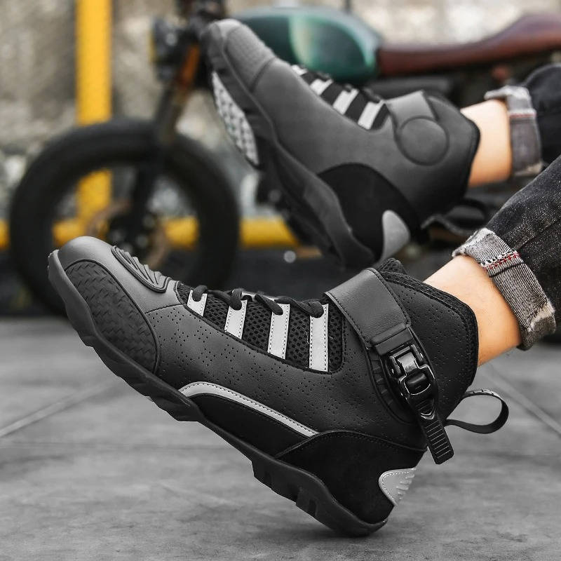 Men's black motorcycle sneaker boots with protective padding, adjustable strap, and ventilated urban riding design