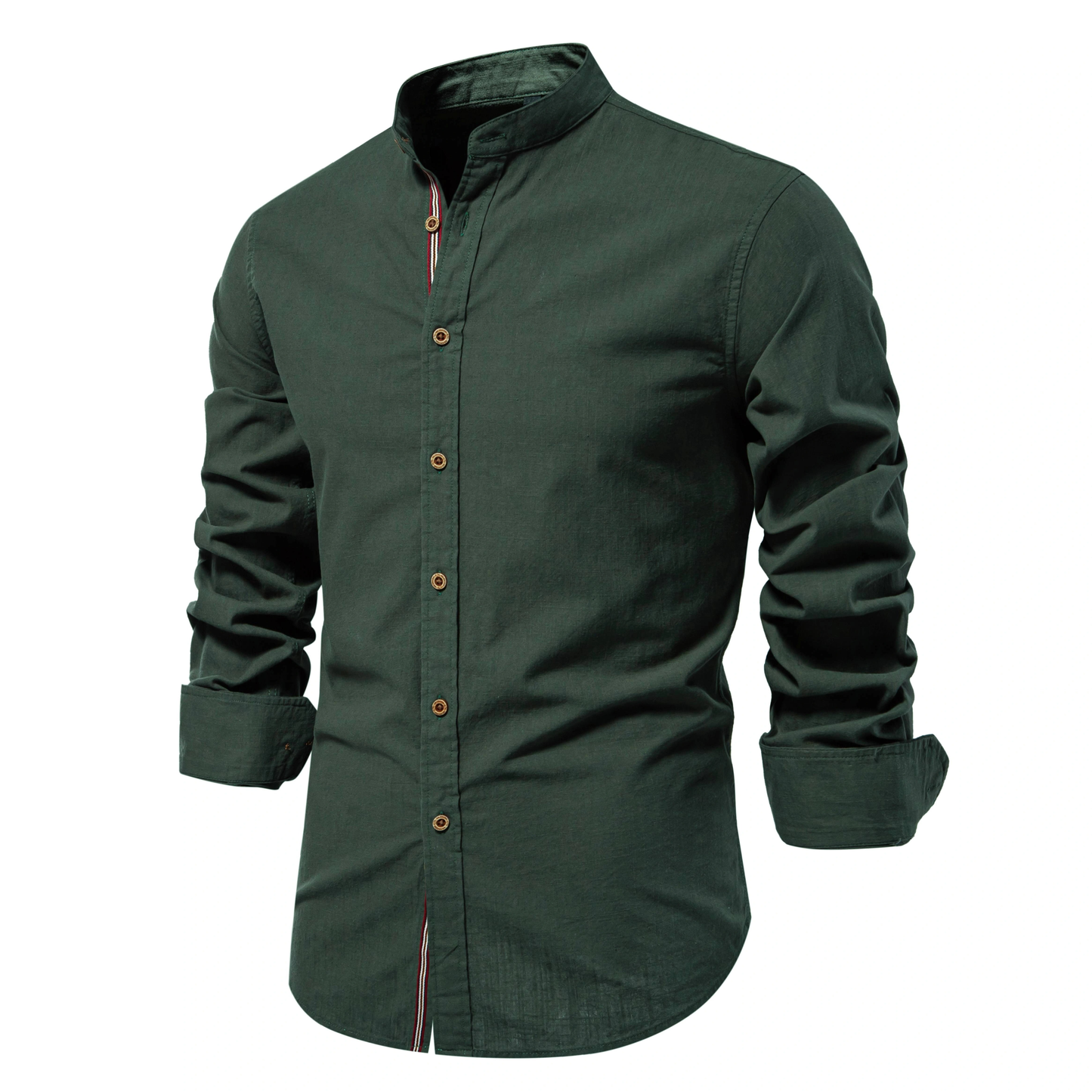 Men's white cotton-linen mandarin collar button-up shirt slim smart casual weekend style