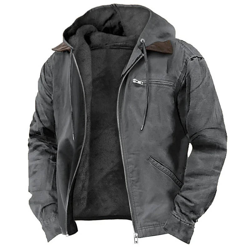 Men's brown hooded fleece jacket lightweight windproof zipper closure for cold weather outdoor wear